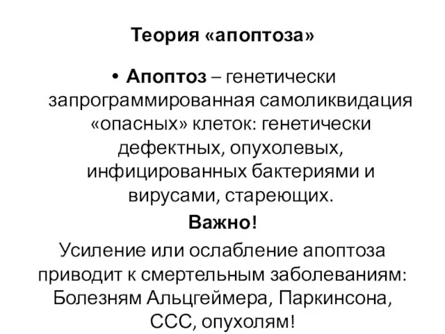 Теория «апоптоза» Апоптоз – генетически запрограммированная самоликвидация «опасных» клеток: генетически дефектных,