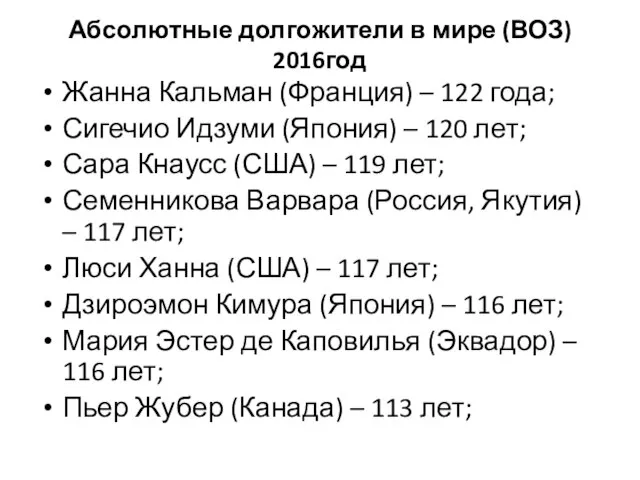 Абсолютные долгожители в мире (ВОЗ) 2016год Жанна Кальман (Франция) – 122