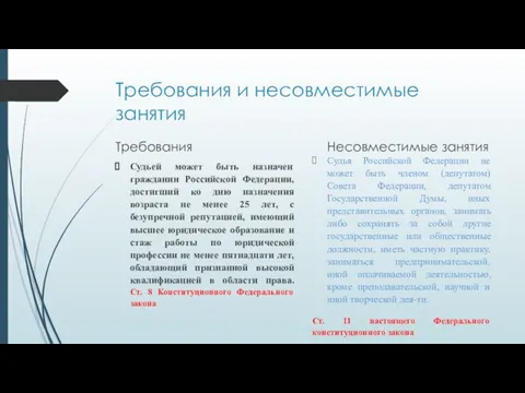 Требования и несовместимые занятия Требования Судьей может быть назначен гражданин Российской