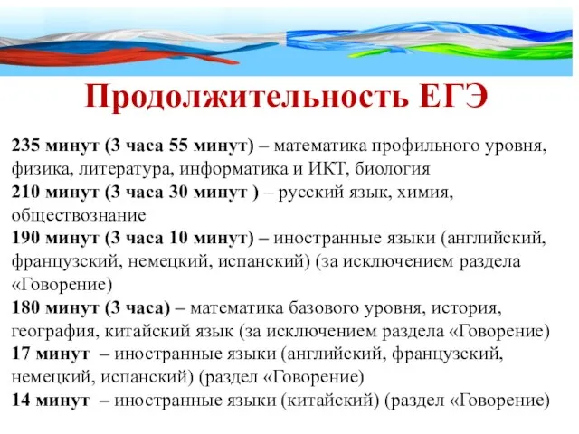 Продолжительность ЕГЭ 235 минут (3 часа 55 минут) – математика профильного