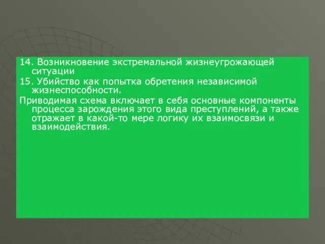 14. Возникновение экстремальной жизнеугрожающей ситуации 15. Убийство как попытка обретения независимой