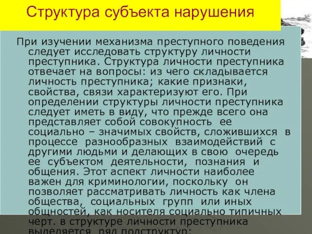 Структура субъекта нарушения При изучении механизма преступного поведения следует исследовать структуру