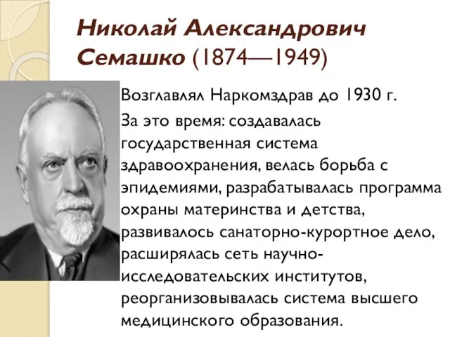 Николай Александрович Семашко (1874—1949) Возглавлял Наркомздрав до 1930 г. За это
