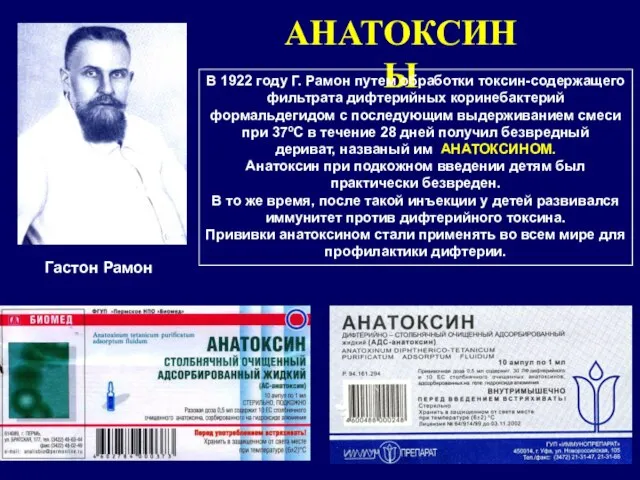 АНАТОКСИНЫ Гастон Рамон В 1922 году Г. Рамон путем обработки токсин-содержащего