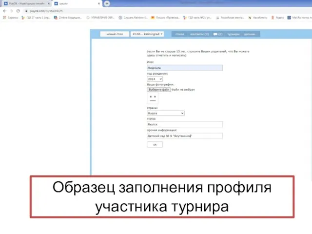 Образец заполнения профиля участника турнира
