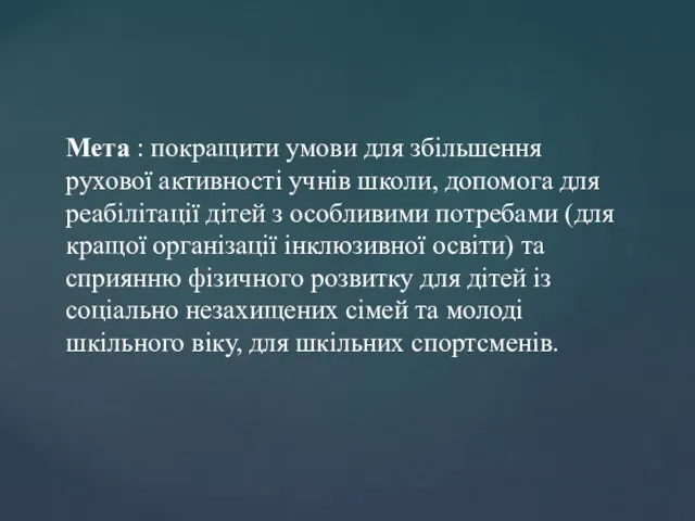 Мета : покращити умови для збільшення рухової активності учнів школи, допомога