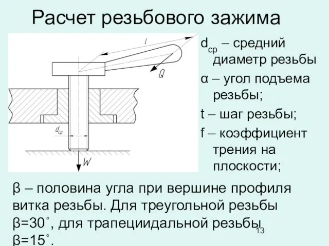 dср – средний диаметр резьбы α – угол подъема резьбы; t