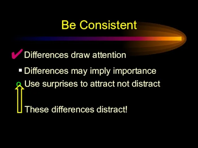 Be Consistent Differences draw attention Differences may imply importance Use surprises to attract not distract