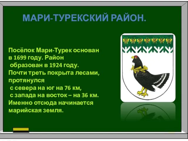 МАРИ-ТУРЕКСКИЙ РАЙОН. Посёлок Мари-Турек основан в 1699 году. Район образован в