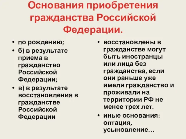 Основания приобретения гражданства Российской Федерации. по рождению; б) в результате приема