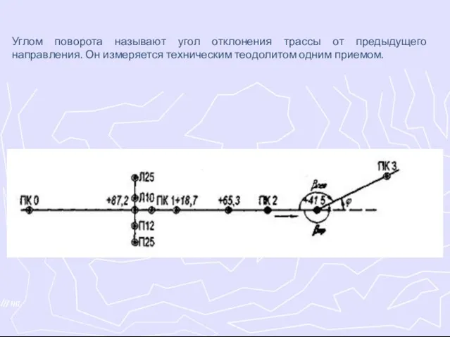 Углом поворота называют угол отклонения трассы от предыдущего направления. Он измеряется техническим теодолитом одним приемом.