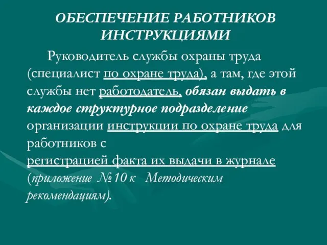 ОБЕСПЕЧЕНИЕ РАБОТНИКОВ ИНСТРУКЦИЯМИ Руководитель службы охраны труда (специалист по охране труда),