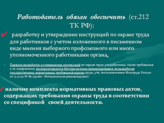 Работодатель обязан обеспечить (ст.212 ТК РФ): разработку и утверждение инструкций по