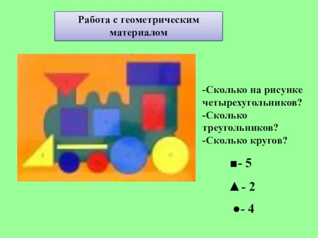 -Сколько на рисунке четырехугольников? -Сколько треугольников? -Сколько кругов? Работа с геометрическим