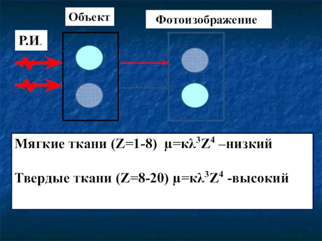 Р.И. Объект Фотоизображение Мягкие ткани (Z=1-8) µ=кλ3Z4 –низкий Твердые ткани (Z=8-20) µ=кλ3Z4 -высокий