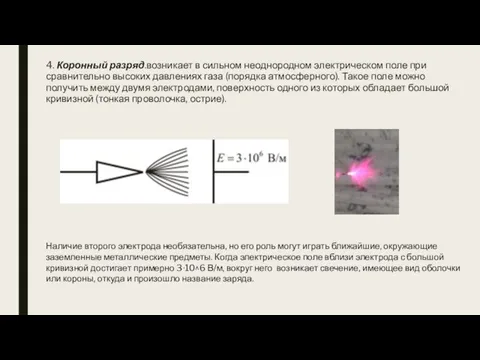 4. Коронный разряд.возникает в сильном неоднородном электрическом поле при сравнительно высоких