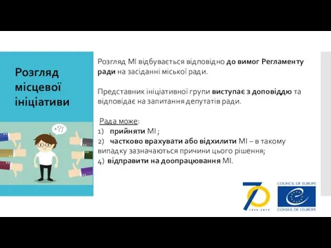 Розгляд місцевої ініціативи Розгляд МІ відбувається відповідно до вимог Регламенту ради