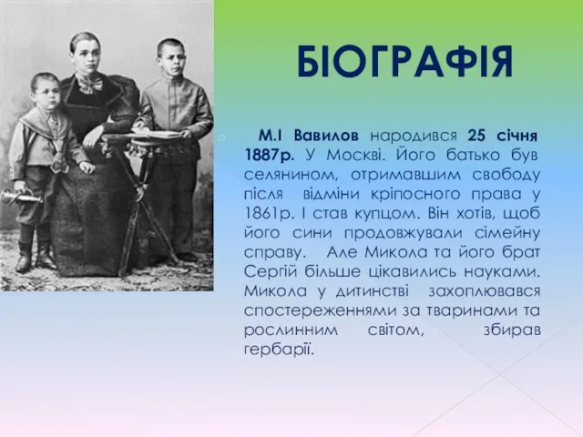 БІОГРАФІЯ М.І Вавилов народився 25 січня 1887р. У Москві. Його батько