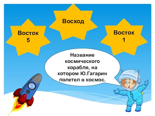 Название космического корабля, на котором Ю.Гагарин полетел в космос. Восток 1 Восход Восток 5