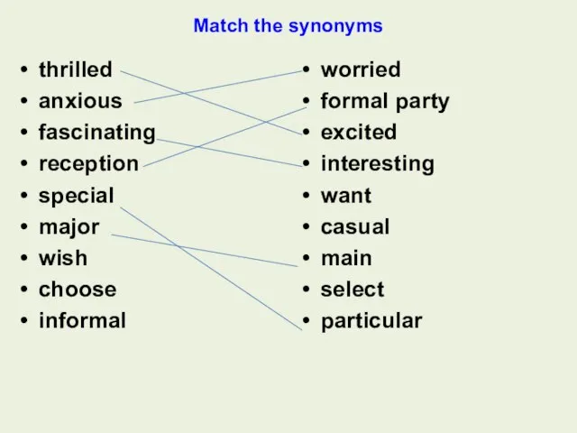 Match the synonyms thrilled anxious fascinating reception special major wish choose