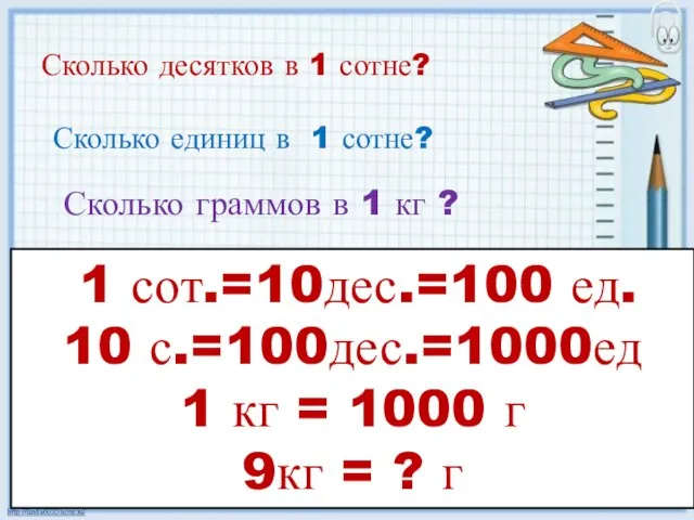 Сколько десятков в 1 сотне? 1 сот.=10дес.=100 ед. 10 с.=100дес.=1000ед 1