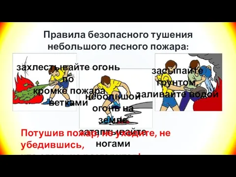 Правила безопасного тушения небольшого лесного пожара: небольшой огонь на земле затаптывайте