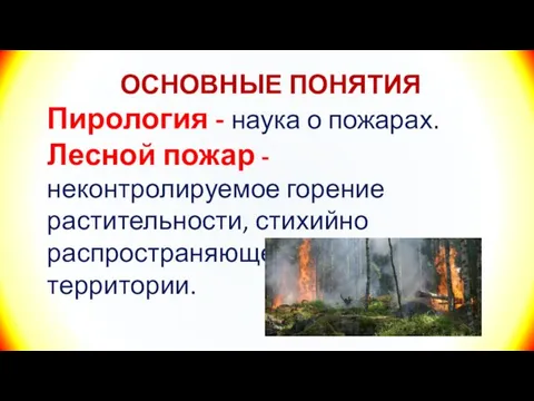 ОСНОВНЫЕ ПОНЯТИЯ Пирология - наука о пожарах. Лесной пожар - неконтролируемое