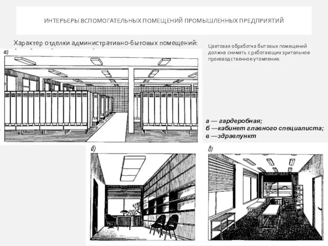 ИНТЕРЬЕРЫ ВСПОМОГАТЕЛЬНЫХ ПОМЕЩЕНИЙ ПРОМЫШЛЕННЫХ ПРЕДПРИЯТИЙ а — гардеробная; б —кабинет главного