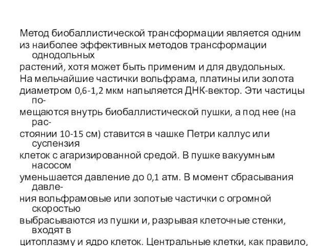 Метод биобаллистической трансформации является одним из наиболее эффективных методов трансформации однодольных