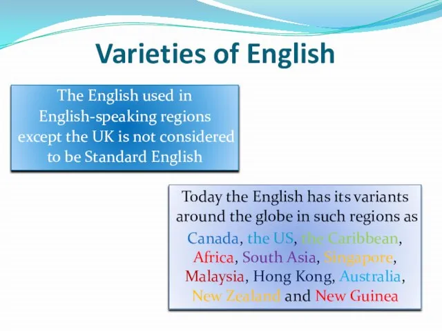 Varieties of English The English used in English-speaking regions except the