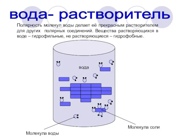 вода- растворитель Полярность молекул воды делает её прекрасным растворителем для других