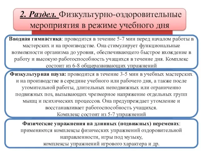 2. Раздел. Физкультурно-оздоровительные мероприятия в режиме учебного дня Вводная гимнастика: проводится