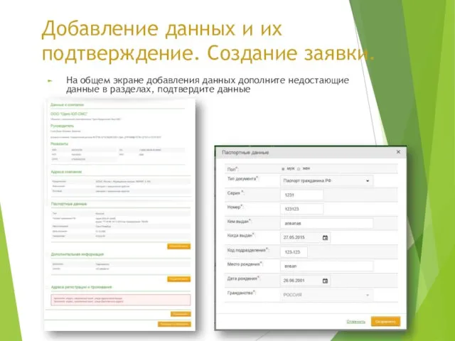 Добавление данных и их подтверждение. Создание заявки. На общем экране добавления