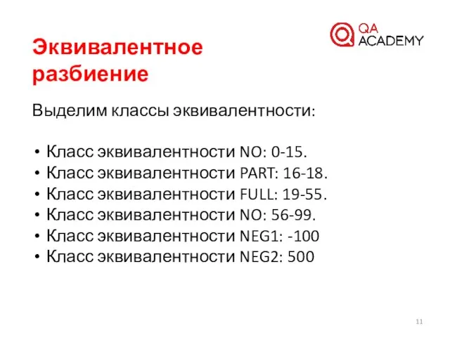 Эквивалентное разбиение Выделим классы эквивалентности: Класс эквивалентности NO: 0-15. Класс эквивалентности