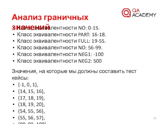 Анализ граничных значений Класс эквивалентности NO: 0-15. Класс эквивалентности PART: 16-18.