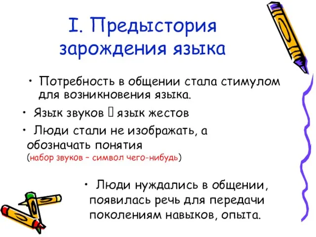 I. Предыстория зарождения языка Потребность в общении стала стимулом для возникновения