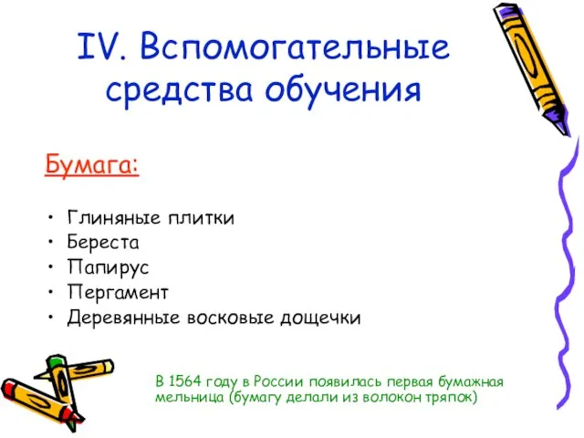 IV. Вспомогательные средства обучения Глиняные плитки Береста Папирус Пергамент Деревянные восковые