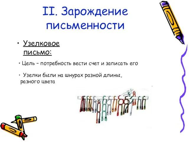 II. Зарождение письменности Узелковое письмо: Цель – потребность вести счет и