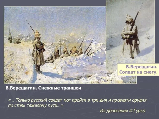 В.Верещагин. Снежные траншеи В.Верещагин. Солдат на снегу. «… Только русский солдат