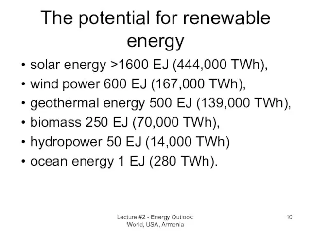 The potential for renewable energy solar energy >1600 EJ (444,000 TWh),