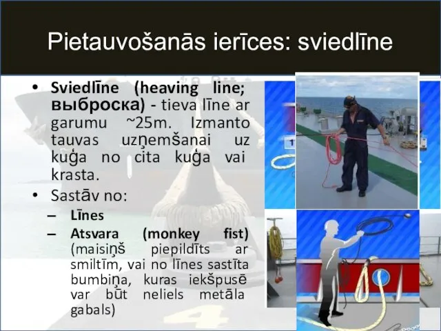 Pietauvošanās ierīces: sviedlīne Sviedlīne (heaving line; выброска) - tieva līne ar