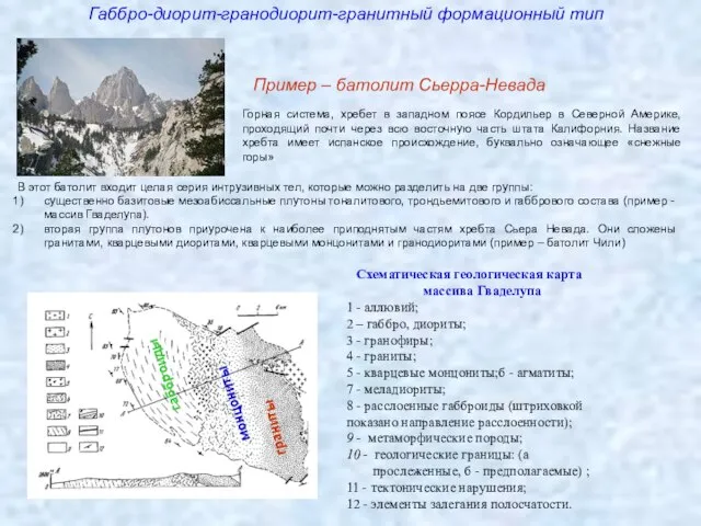 Габбро-диорит-гранодиорит-гранитный формационный тип В этот батолит входит целая серия интрузивных тел,