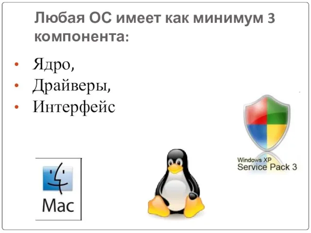 Любая ОС имеет как минимум 3 компонента: Ядро, Драйверы, Интерфейс