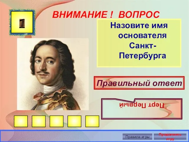 ВНИМАНИЕ ! ВОПРОС Назовите имя основателя Санкт-Петербурга 1 Правильный ответ Перт Первый Правила игры Продолжить игру