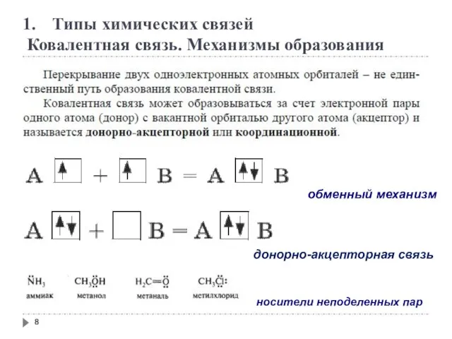 Типы химических связей Ковалентная связь. Механизмы образования обменный механизм донорно-акцепторная связь носители неподеленных пар