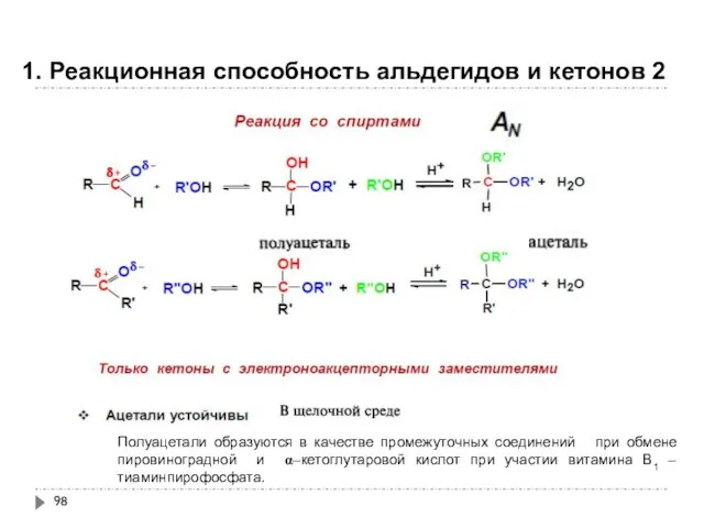 1. Реакционная способность альдегидов и кетонов 2 Полуацетали образуются в качестве