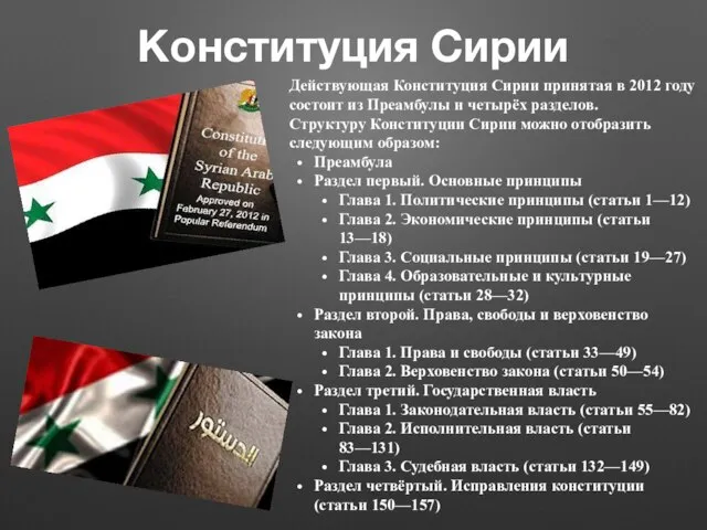 Конституция Сирии Действующая Конституция Сирии принятая в 2012 году состоит из