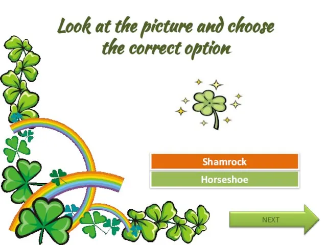 Look at the picture and choose the correct option Try Again Great Job! Horseshoe Shamrock