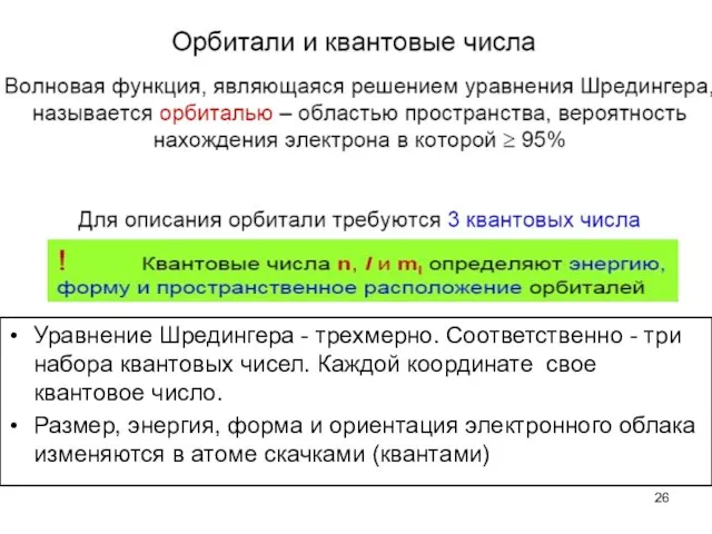 Уравнение Шредингера - трехмерно. Соответственно - три набора квантовых чисел. Каждой