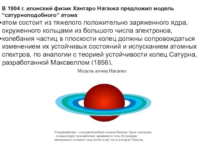 В 1904 г. японский физик Хантаро Нагаока предложил модель “сатурноподобного” атома: